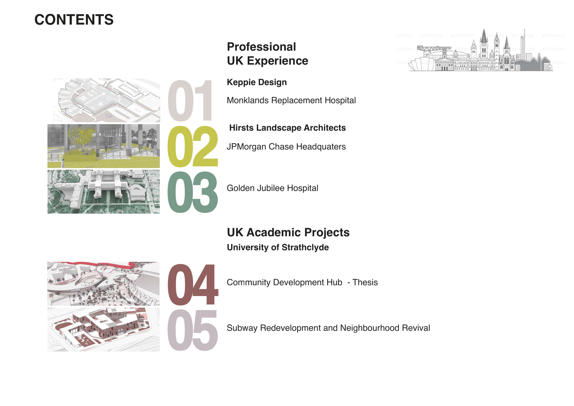 Portfolio contents page listing UK professional and academic projects